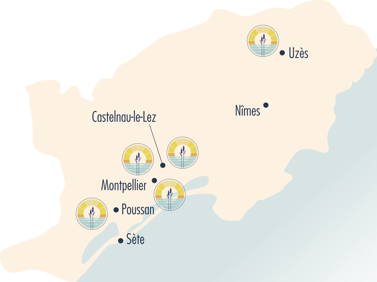Carte Occitalia - Résidences services seniors à Castelnau, Montpellier, Poussan et Uzès